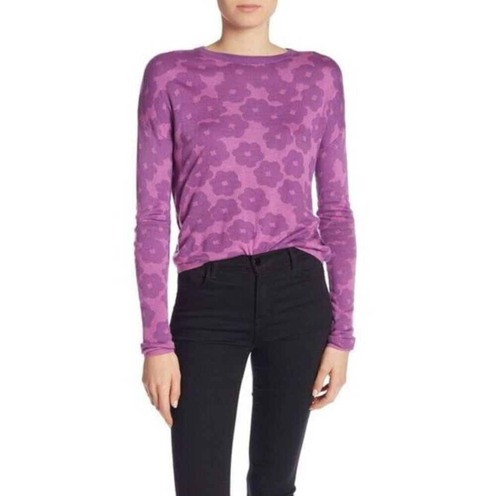 John + Jenn Fionne Flower Print Crop Long Sleeve Floral Sweater Purple Small